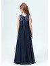 Navy Blue Lace Chiffon Simple Junior Bridesmaid Dress